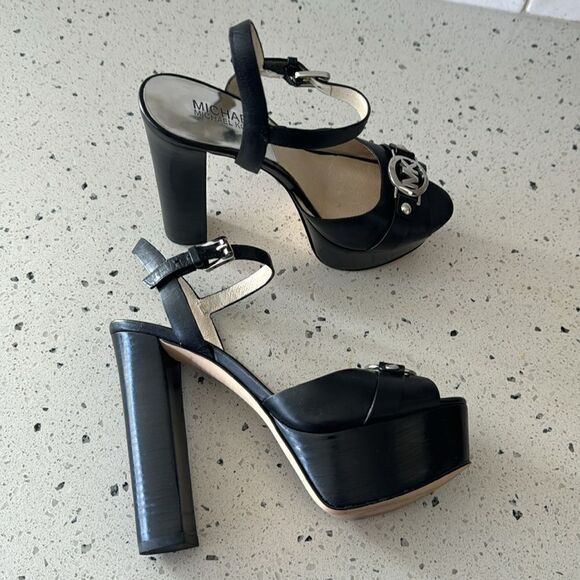 Michael Kors Racquel Platform Black Leather high Block Heels Open Toe Size 6.5M - Picture 13 of 16